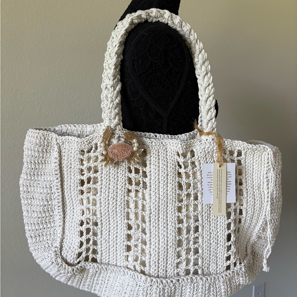 White Artisanal Macramé Tote with Textured Design